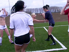 Soccer game ends with Vanessa P & Cayla A enjoying in group fingering