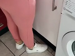 Step mom big ass in pink pants get slapped by step son in the kitchen