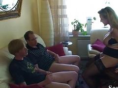 Curvy mom in stockings gets double teamed and receives facials