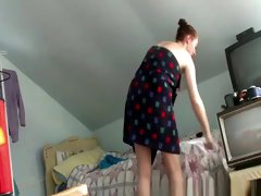 Teen caught in bedroom drying hair and dressing